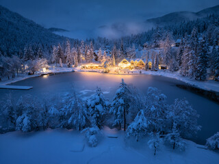 Aerial view of illuminated houses in fairy village in snow, forest, Jasna lake, street lights at winter night. Top view of alpine mountains in fog, snowy pine trees at dusk. Kranjska Gora, Slovenia - obrazy, fototapety, plakaty