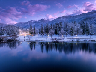 Aerial view of lake, snowy alpine mountains, pine trees in snow, reflection in water, purple sky with clouds at winter night. Nature. Top drone view of beautiful Bohinj lake in Slovenia at sunset