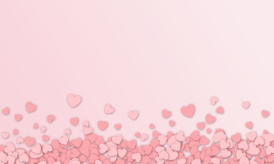 Valentines day background design with pink heart stickers scattered on pink background. Paper hearts with realistic shadow. Vector background EPS 10