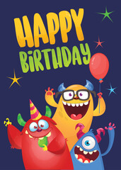 Cartoon happy monsters set with different face expressions. Birthday party invitation card or  poster design. Vector illustration