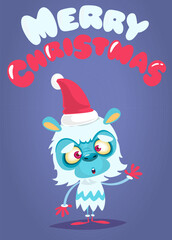 Cartoon happy monster with funny face expression wearing Santa Claus hat. Merry Christmas party invitation card or  poster. New year's holiday design. Vector illustration