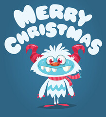 Cartoon happy monster with funny face expression wearing Santa Claus hat. Merry Christmas party invitation card or  poster. New year's holiday design. Vector illustration