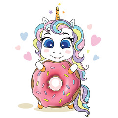 Cute magical unicorn with tasty donut