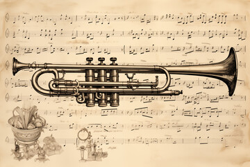 Trumpet musical instrument antique drawing on music sheet paper, illustration