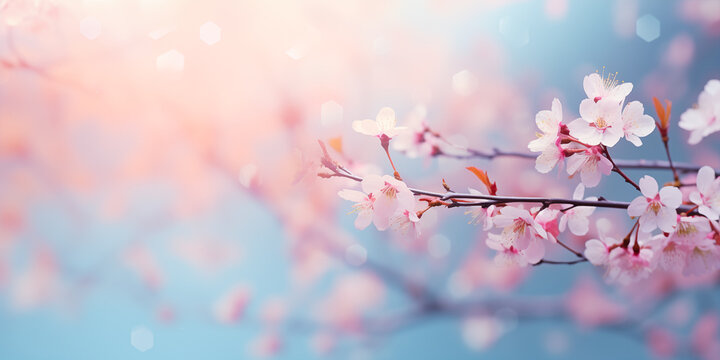 Delicate pink cherry tree blossom flowers blooming in spring, easter time against a natural sunny blurred sky Garden banner background blue, yellow and white bokeh. Graphic resource for copy space 