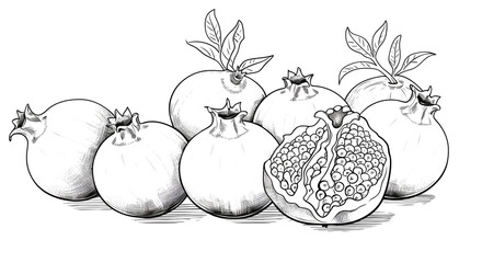 Black and white drawing. Pomegranate fruit. Healthy food concept. Arrange a beautiful top view with space on a white background.