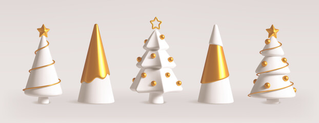Realistic 3d Christmas trees in different shapes, gold and white Xmas tree with ornaments and garland. Golden pine tree with star, winter holiday celebration, New Year festive decor vector element set