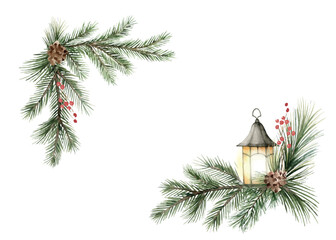 Christmas vector spruce branch with lanterns. Watercolor for wedding, stationery, invitation, holiday card template, decoration. Hand drawn illustration.