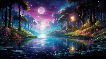 Enchanted nighttime forest landscape with moonlit sky and mystical river. Fantasy world.