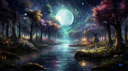 Obraz na płótnie Canvas Moonlit fantasy landscape with luminous trees and river. Dreamy nature scene.