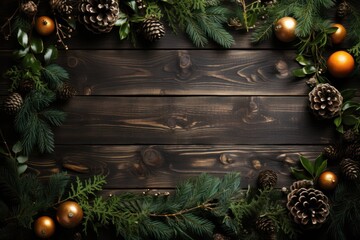 Christmas tre decoration frame on wooden background - obrazy, fototapety, plakaty