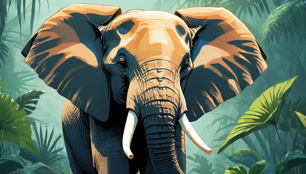 illustration of an African elephant standing in the lush jungle