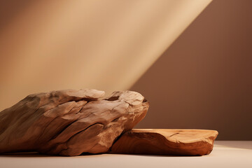 Background for cosmetic  branding product, jewellery or some package with sandal peace of  wood. Beige natural tones.