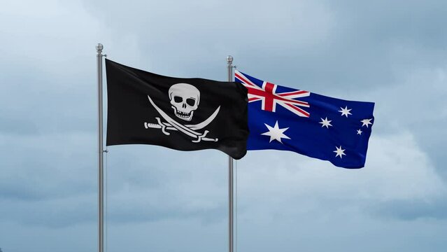 Australia flag and Corsair flag waving together on cloudy sky, endless seamless loop, two country relations concept