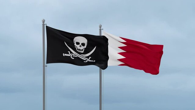 Bahrain flag and Corsair flag waving together on cloudy sky, endless seamless loop, two country relations concept