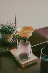 Hand drip coffee extraction process in kitchen