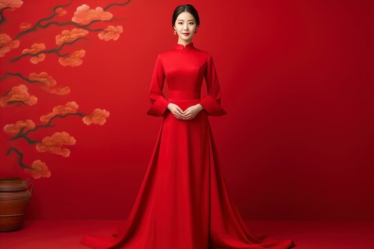 Photo asian woman in chinese dress traditional, chinese new year concept. one color background and copy space. generative ai