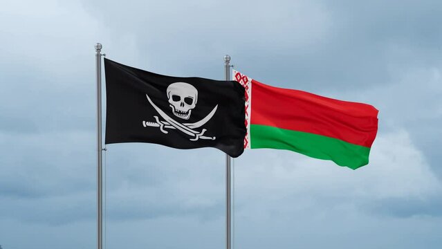 Belarus and Corsair flag waving together on cloudy sky, endless seamless loop, two country cooperation concept