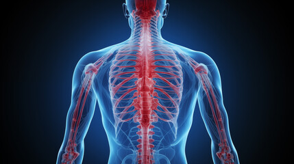 Exquisite Transparent Blue Human Body Art, Illuminating the Intricate Bone System and Spine, Accented with Subtle Red Highlights