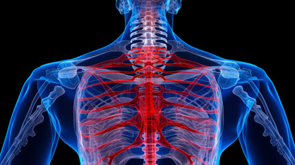 Exquisite Transparent Blue Human Body Art, Illuminating the Intricate Bone System and Spine, Accented with Subtle Red Highlights