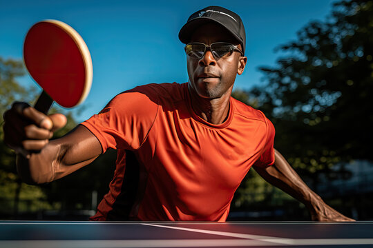 Black men in red T-shirt playing pickleball. 
