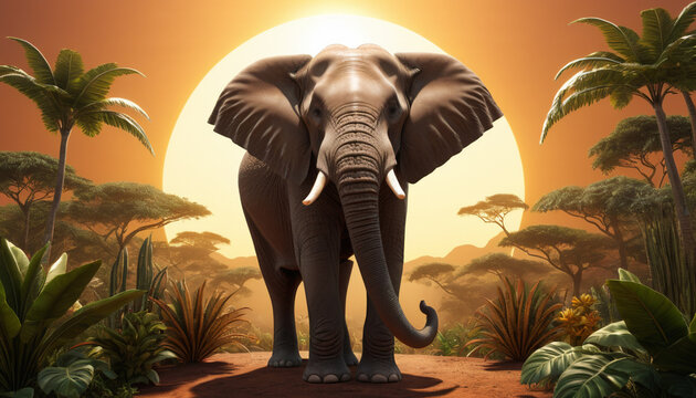 An impressive African elephant in the lush jungle, palm trees and sunset sky, digital art