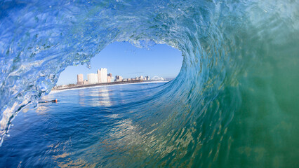 Ocean Wave Hollow Tube Crashing Surfing Perspective Water Photograph Of Durban Landscape. - obrazy, fototapety, plakaty