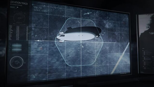 High tech searching drone is flying above the required area. High tech searching system has found the navy airship on the ground. High tech search gathering target vehicle info. User Interface. Blimp.