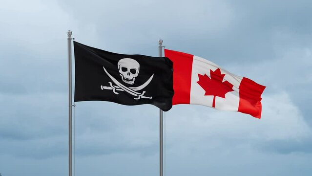 Canada and Corsair flag waving together on cloudy sky, endless seamless loop, two country cooperation concept