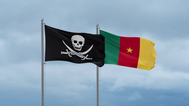 Cameroon flag and Corsair flag waving together on cloudy sky, endless seamless loop, two country relations concept