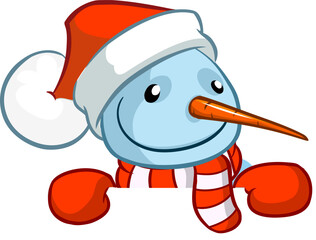 Funny snowman holding white page. Greeting Christmas card, vector illustration isolated.