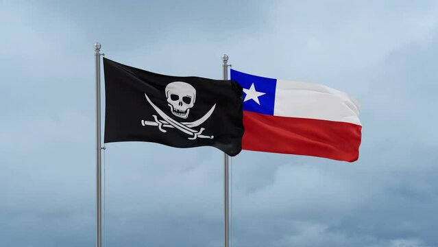 Chile flag and Corsair flag waving together on cloudy sky, endless seamless loop, two country relations concept