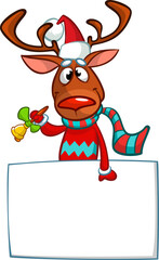 Cartoon funny red nose reindeer holding a blank paper board and bell for Christmas or New Year greetings. Christmas illustration. Vector isolated