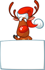 Cartoon funny red nose reindeer holding a blank paper board for Christmas or New Year greetings. Christmas illustration. Vector isolated