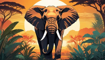 Foto op Canvas illustration of portrait of an elephant, african background africa colors, ready to print digital art © PLATİNUM