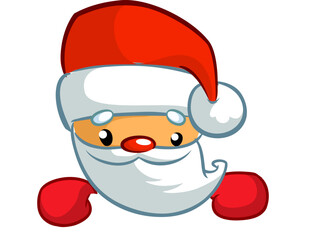 Cartoon funny Santa Claus holding a blank paper board for Christmas or New Year greetings. Christmas illustration. Vector isolated