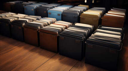 Rows of organized file boxes on a wooden floor. - obrazy, fototapety, plakaty