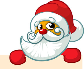 Cartoon funny Santa Claus holding a blank paper board for Christmas or New Year greetings. Christmas illustration. Vector isolated