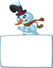 Funny snowman holding white page. Greeting Christmas card, vector illustration isolated.