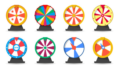 Lucky wheel collection in cartoon style for casino. Fortune wheels icons. Roulette, wheel of fortune in a flat design. Wheels gaming, spin lucky wheel isolated - obrazy, fototapety, plakaty