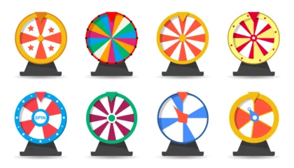 Fotobehang Lucky wheel collection in cartoon style for casino. Fortune wheels icons. Roulette, wheel of fortune in a flat design. Wheels gaming, spin lucky wheel isolated © top dog