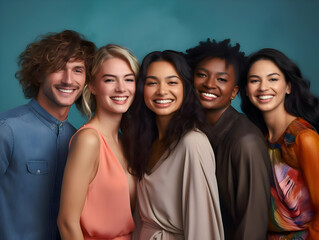Obraz premium Diverse ethnicities smiling people on blue background. High-resolution