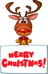 Cartoon funny red nose reindeer holding a blank paper board for Christmas or New Year greetings. Christmas illustration. Vector isolated