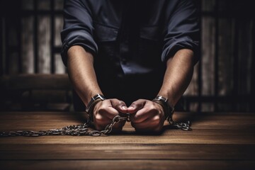 Male hands in handcuffs on wooden table. Iron chains on the hands - obrazy, fototapety, plakaty