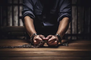 Foto op Plexiglas Male hands in handcuffs on wooden table. Iron chains on the hands © leriostereo
