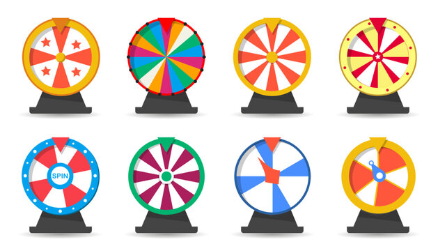 Lucky Wheel Collection In Cartoon Style For Casino. Fortune Wheels Icons. Roulette, Wheel Of Fortune In A Flat Design. Wheels Gaming, Spin Lucky Wheel Isolated