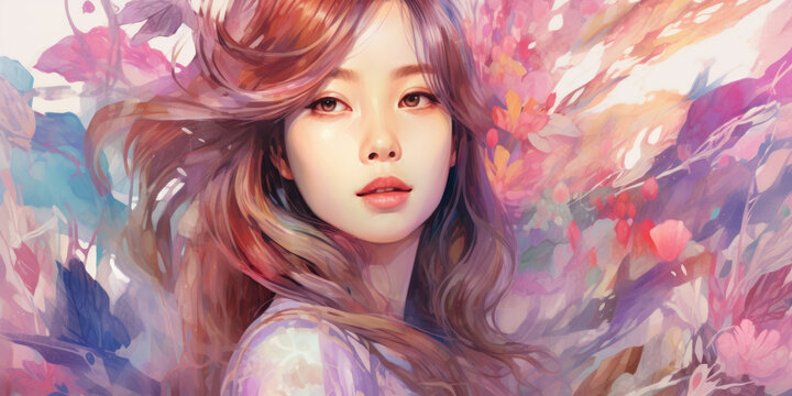 Double exposure portrait of young asian woman with a plants and leaves. Colorful creative watercolor illustration