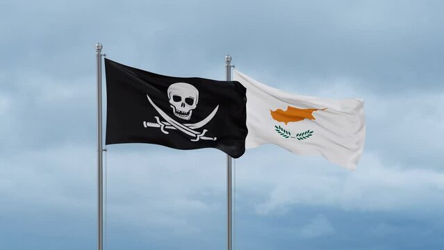 Cyprus flag and Corsair flag waving together on cloudy sky, endless seamless loop, two country relations concept