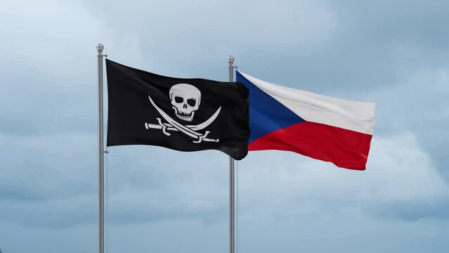 Czech Republic flag and Corsair flag waving together on cloudy sky, endless seamless loop, two country relations concept