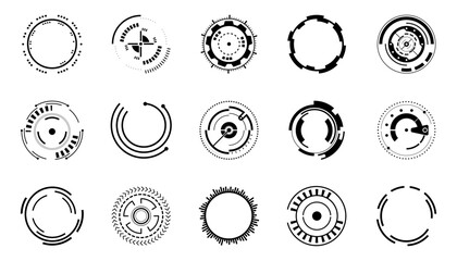 Set of circle futuristic interface technology hud icons. Sci fi black circle user interface elements. HUD round frames and borders, aim control and digital interface - obrazy, fototapety, plakaty
